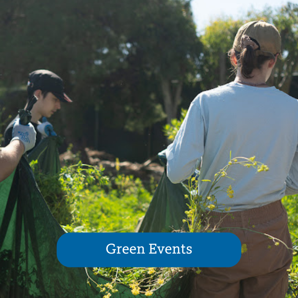two people standing in a field of bushes with trash bags, Green Events button overlayed onto photo