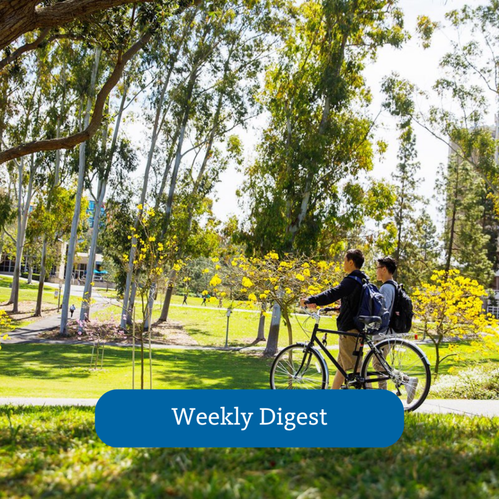 two people in a park on bikes, Weekly Digest button overlayed onto photo