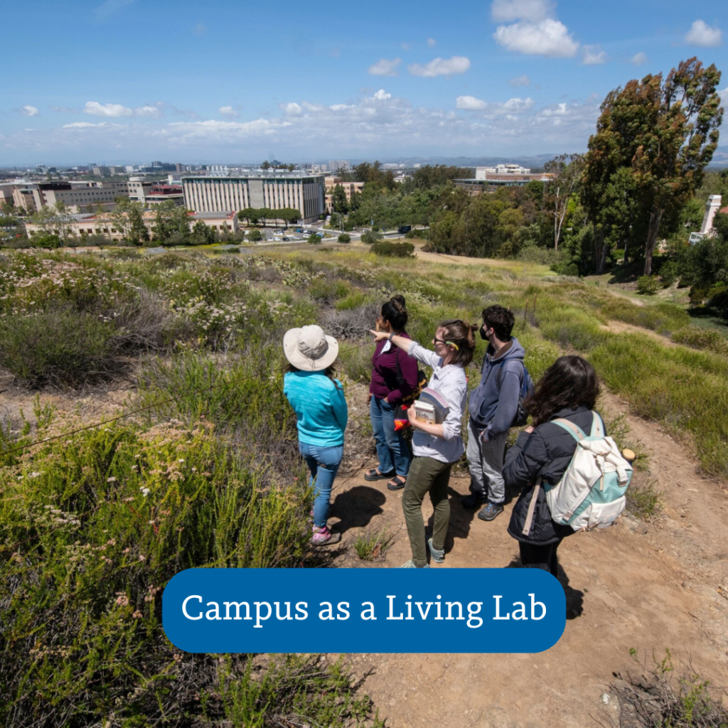 five people standing in an ecological preserve, Campus as a Living Lab button overlayed on the photo