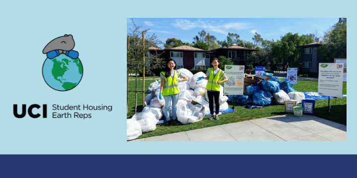 light blue, dark blue background, Student Housing Earth Reps word mark, two women standing in front of a pile of trash.