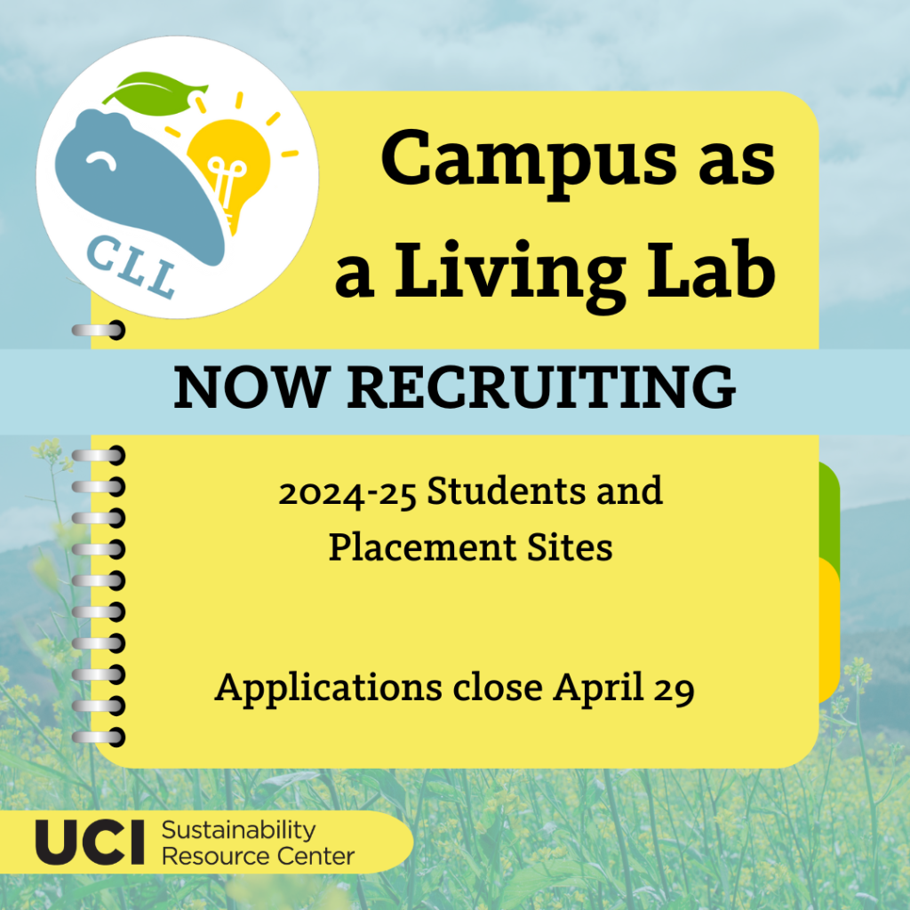 wildflowers, notebook, Campus as a Living Lab logo, Now Recruiting 2024-25 Students and Placement Sites, applications close April 29