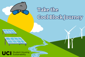 Green hills with renewable energy sources, Take the Cool Block Journey, ER anteater on a sun, UCI Student Housing Sustainability